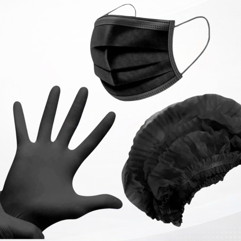Kit 100 Toucas TNT+ 100 Luvas Nivyl P, M,G +100 Máscara Descartável Preta C/ Clipe Nasal em Oferta na Shopee