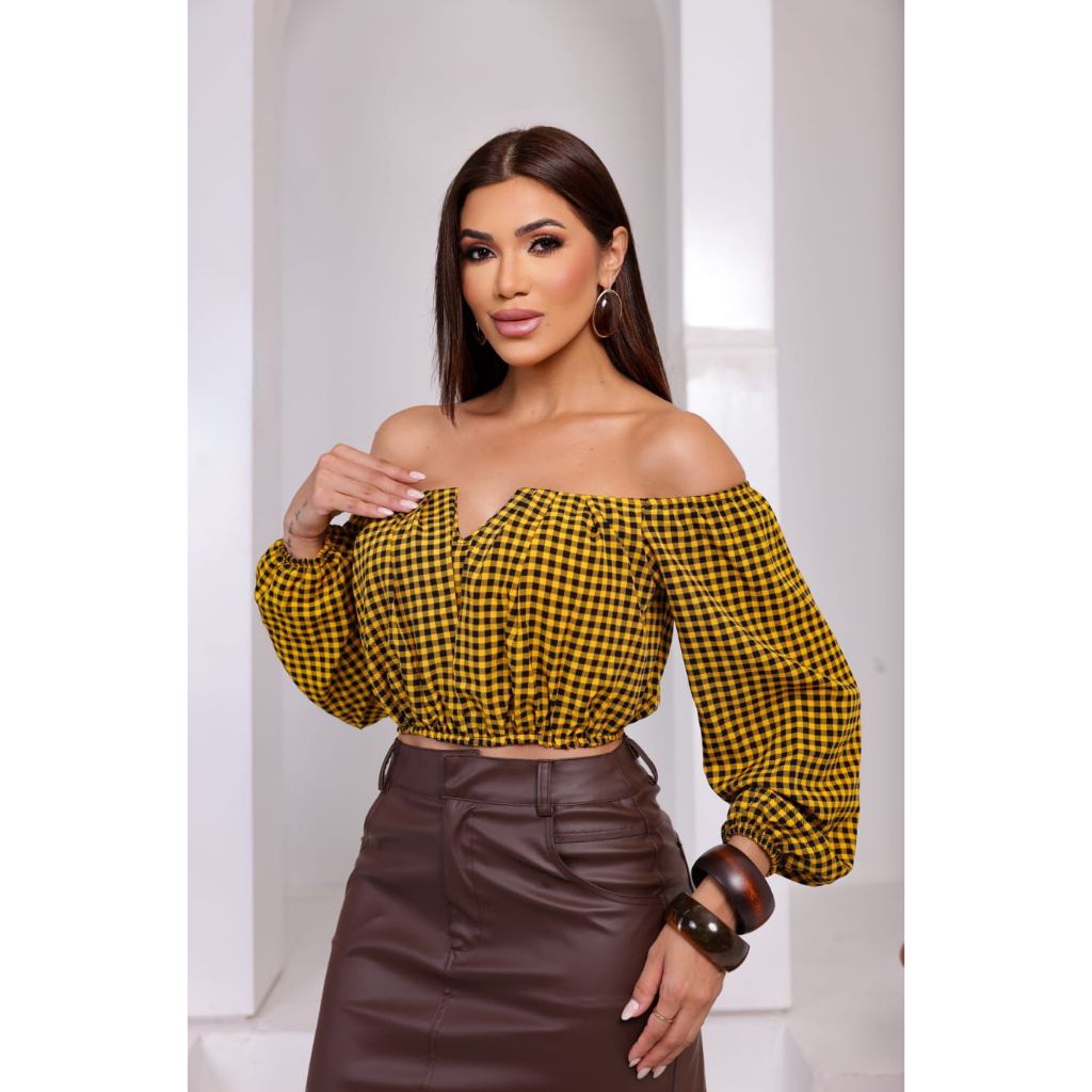 Blusa Ciganinha Xadrez Feminina Ombro a Ombro com Bojo e Lastex Festa Junina manga longa
