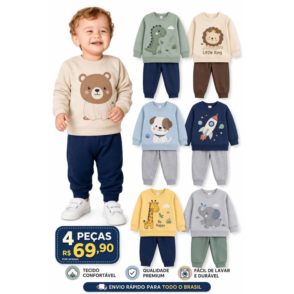 Kit 4 Peças de Conjunto de Moletom Infantil Menino Conjunto 1 ao 14 Masculino  Manga Longa