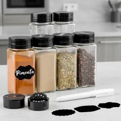 Potes Tempero De Vidro 120ml com Tampa Dosadora Dupla, Etiquetas e Caneta