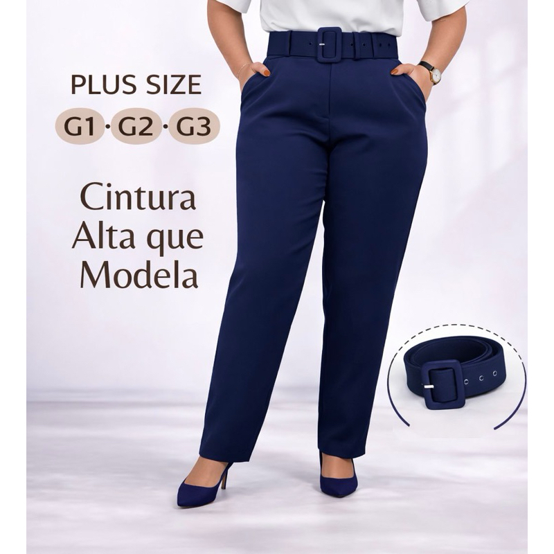 Calça Alfaiataria com Cinto removível Plus Size com corte social  Elegante casual calça feminina