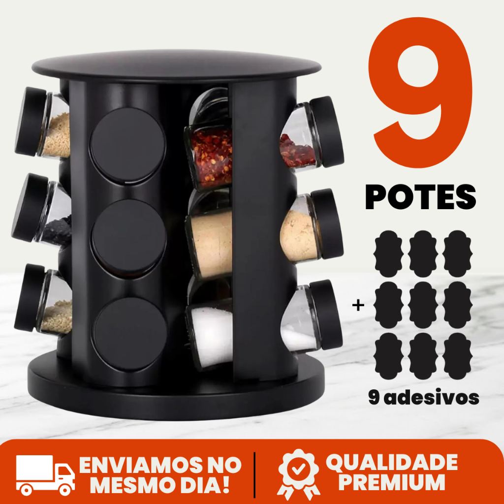 Porta Tempero Condimento Girátorio 9 Potes Cozinha Preto 360 Graus Organizador Dosador Profissional