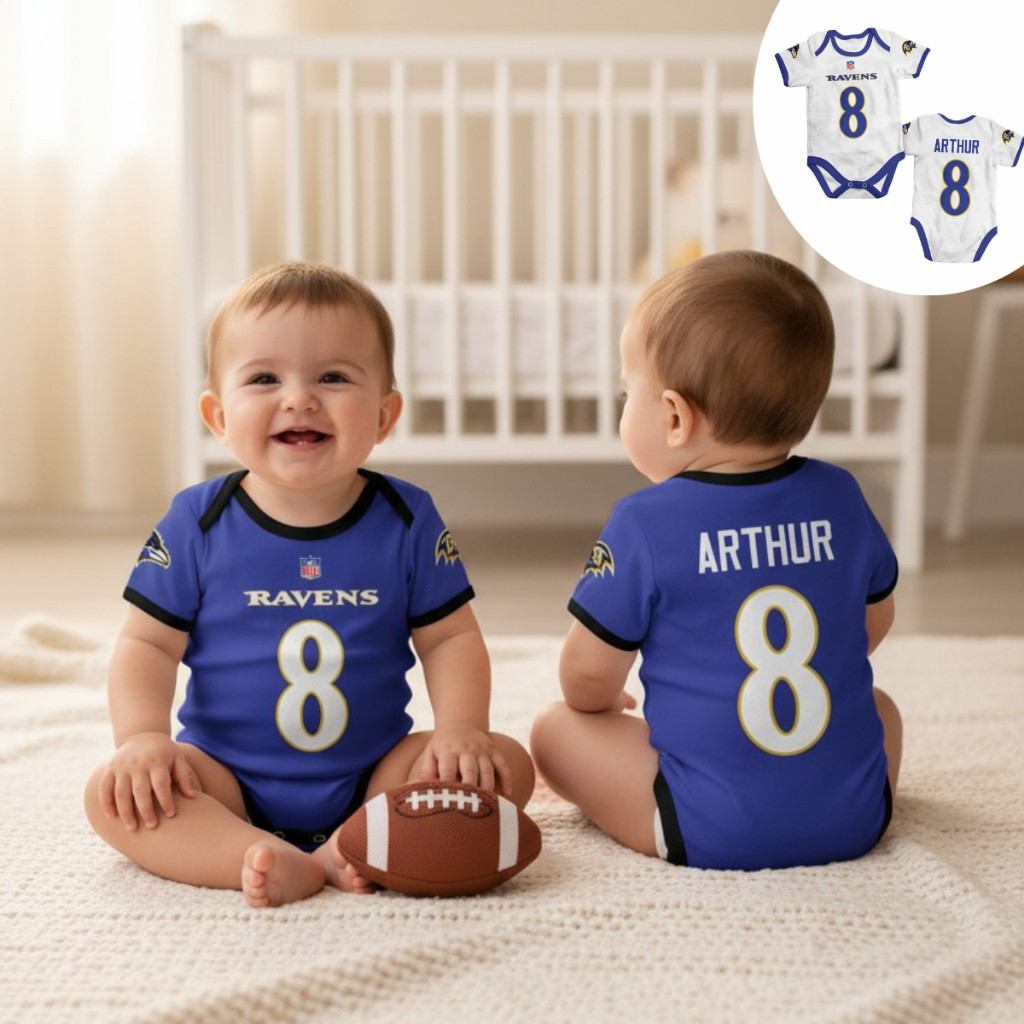 Body bebê temático NFL Baltimore Ravens personalizado com nome