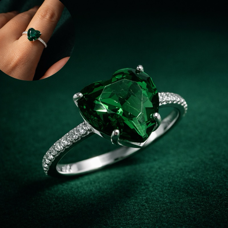 Anel Prata 925 Coração Verde Esmeralda com Cravação Lateral Elegante