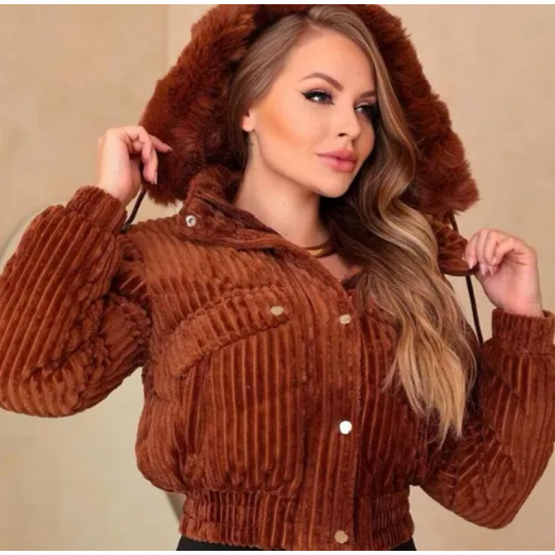 Casaco Feminino Teddy Puffer Peluciado com Capuz Removível Inverno Puffy Quentinho Com Bolso Moda