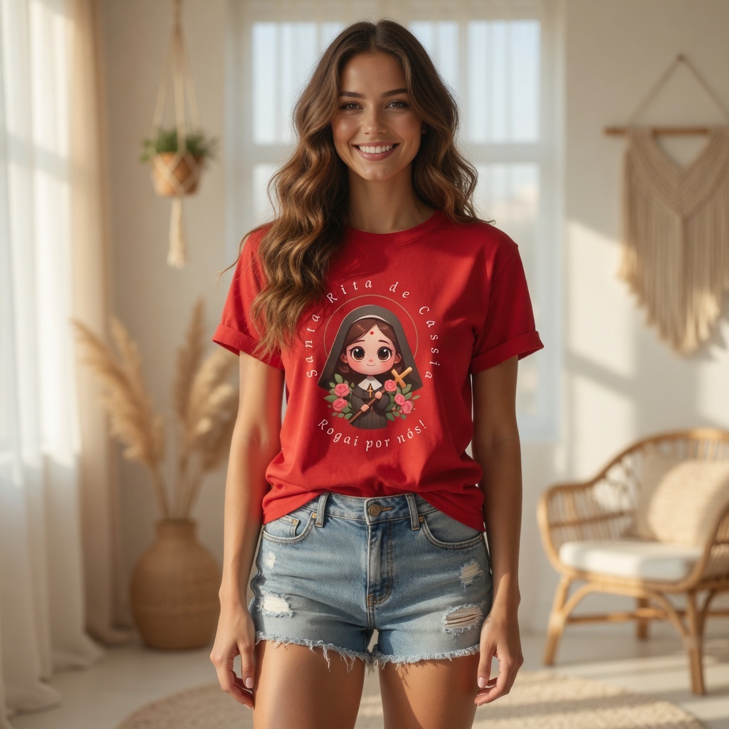 Camiseta Feminina Estampada Religiosa Santa Rita Fé Católica Santa