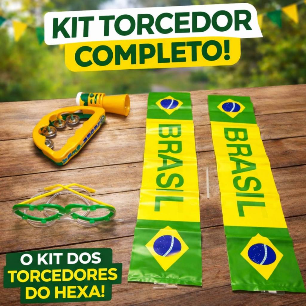 Kit Torcedor Brasil Copa 2026 Completo Pandeiro Buzina Óculos Bastão Inflável