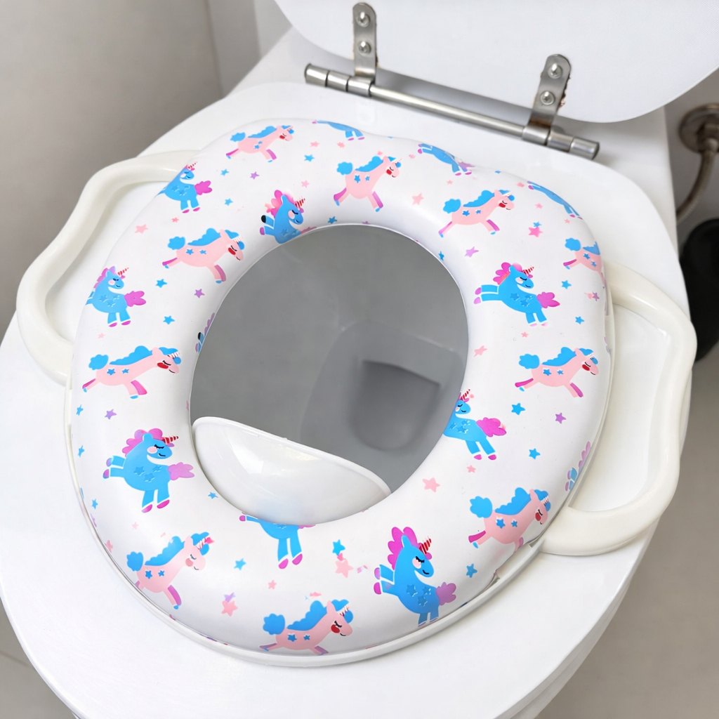 Assento redutor de vaso sanitário infantil Alça de apoio almofadado confortável estampas divertidas