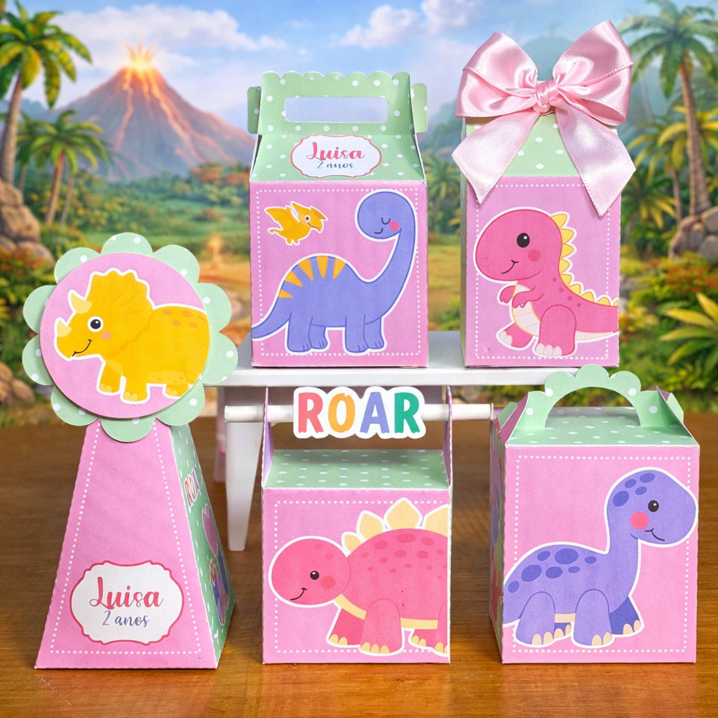 Kit Caixinhas Personalizadas Dinossauro Menina | Pegue e Monte | Lembrancinha Aniversário e Festa Infantil