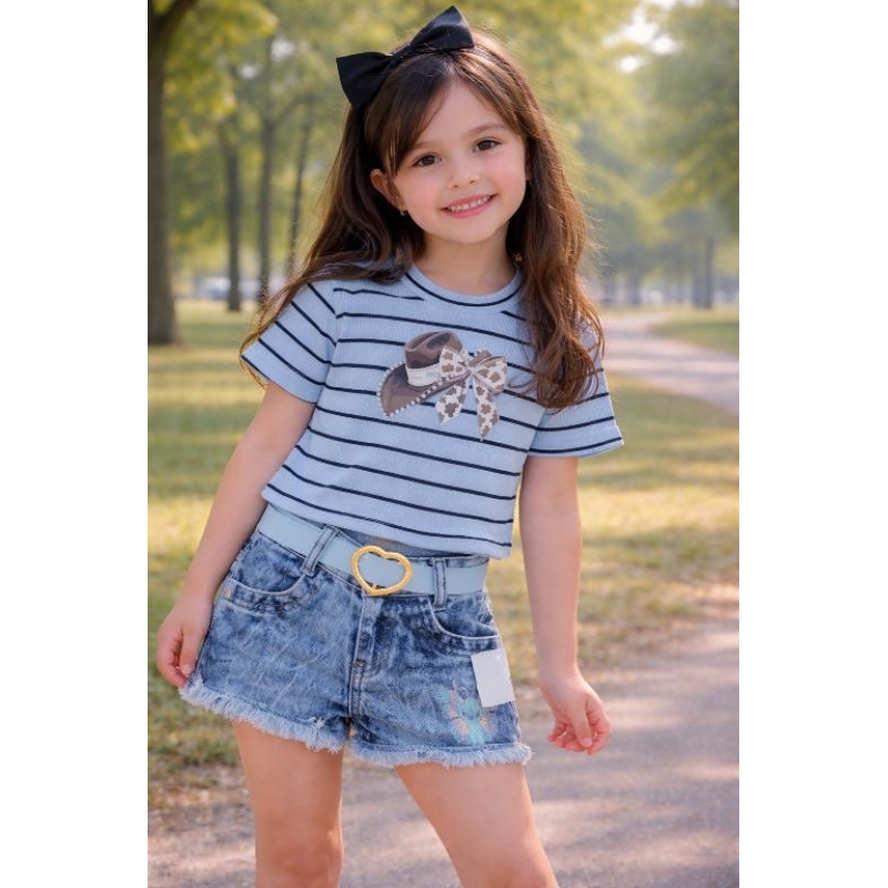 Conjunto Infantil Feminino Cropped + Shorts Jeans Fashion Verão Menina Estampado moda blogueirinha.