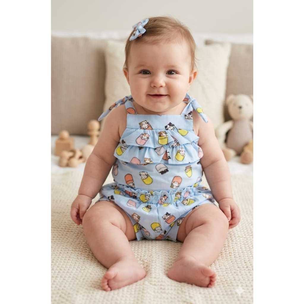 Conjunto Bebê Feminino Azul Estampado com Laço e Babados Roupa Infantil Verão Confortável Fofo