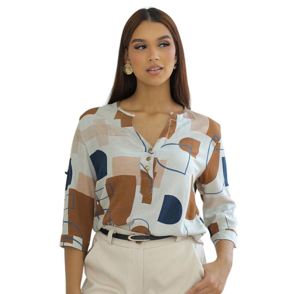 Camisa Social Feminina manga 3/4 Estampada