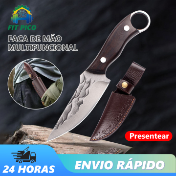 Faca de churrasco de aço inoxidável à mão para cozinha e acampamento cobertura de couro