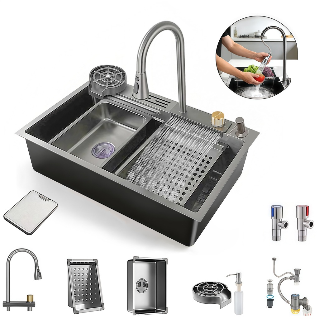 kit Cuba Cascata Gourmet Premium 75*45 *22CM Com Torneira Flexível Cinza e 316 inx Tabela de corte