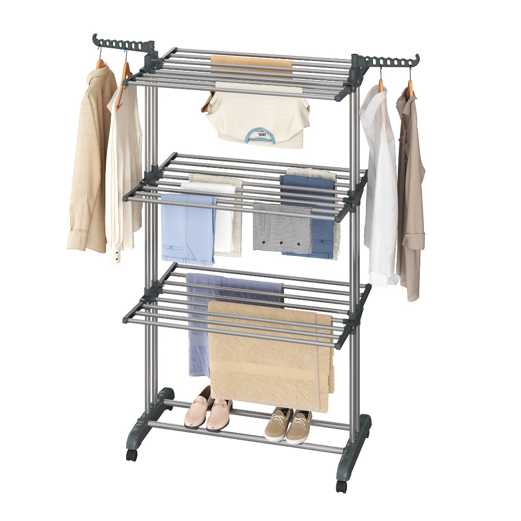 Imagem SONGMICS Varal de chão dobrável em aço inox, 4 níveis com asas, móvel, para uso interno e externo, cinza