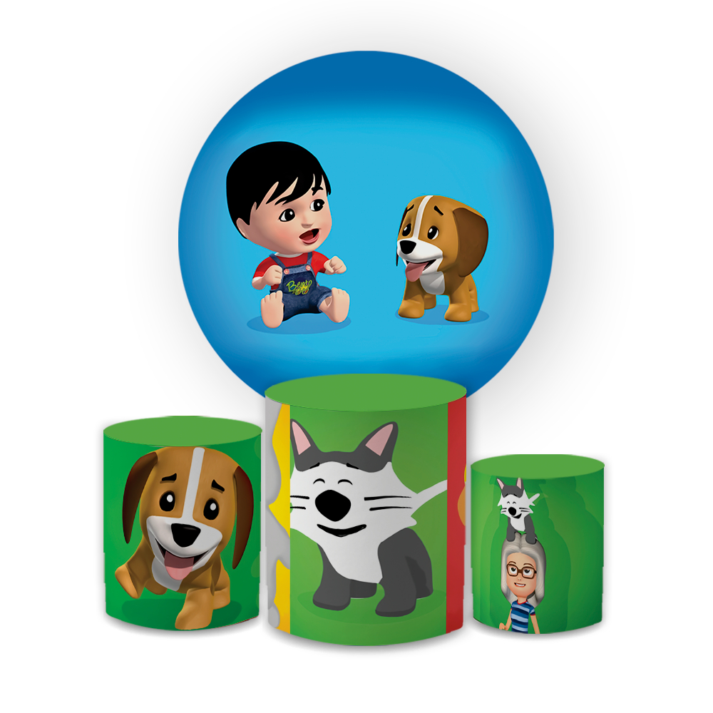 Capa Painel Redondo + Trio Cilindro Sublimado Veste Fácil Decoração Festa Infantil Bento Totó