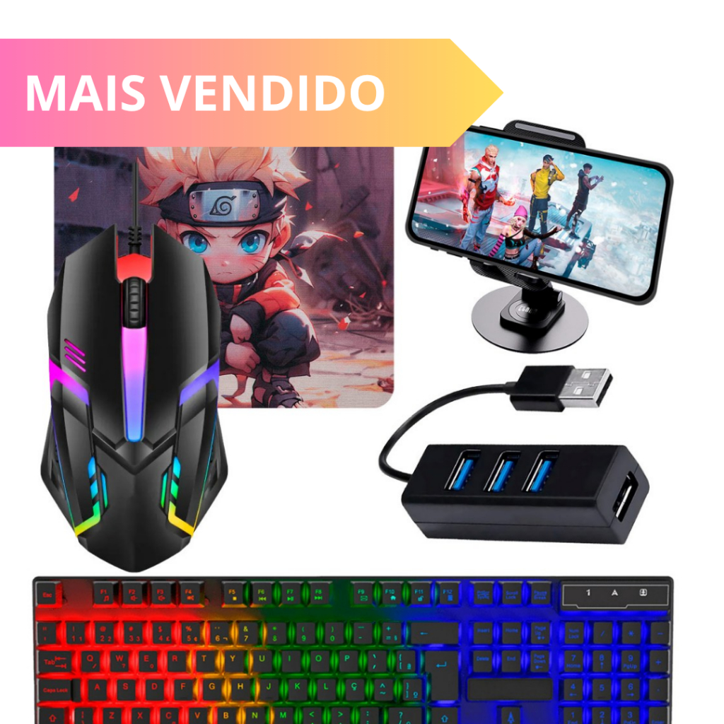 Kit Gamer Celular com Teclado RGB, Mouse, Tripé e Hub | Tipo C ou V8