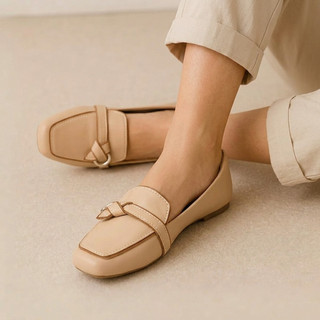 Sapatilha Feminina Mocassim Bico Quadrado Fivela Couro Confortável Social Casual Flat Rasteira