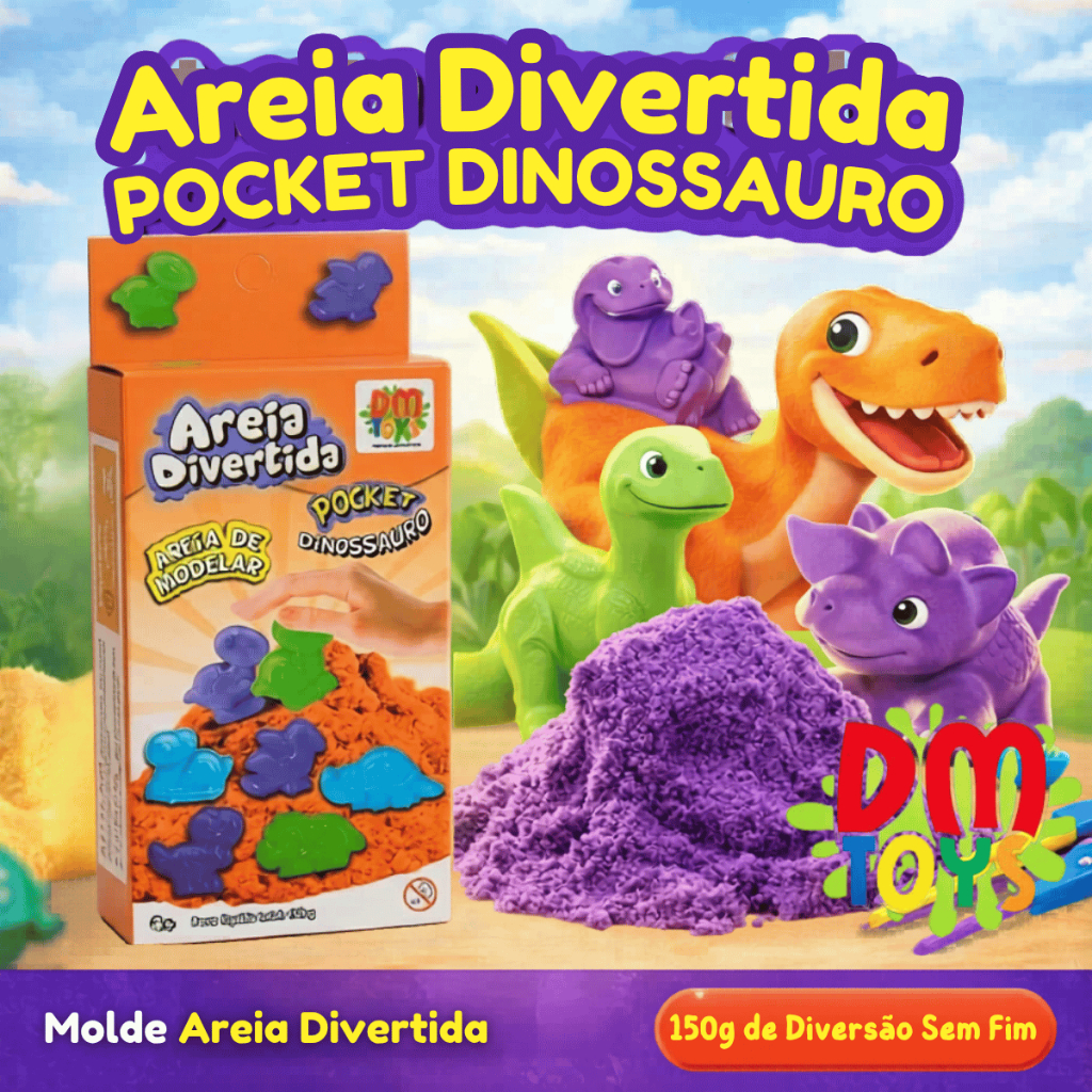Areia Divertida Pocket Dinossauro 150g com Moldes Ferramentas Modelar - DM Toys Brinquedo Infantil Sensorial Criativo