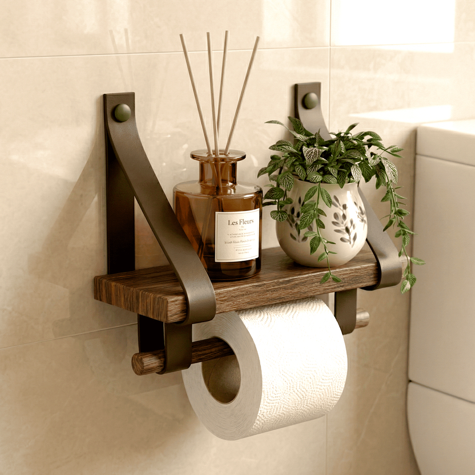 Prateleira com Suporte Papel Higiênico Madeira Rústica Decoração Banheiro | Casa Madêco