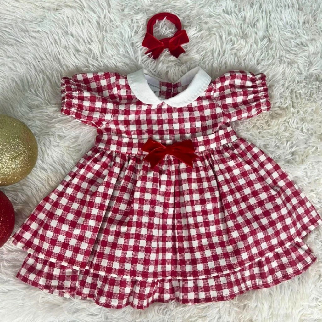 Vestido Bebê Infantil Xadrez Vermelho Babado com Laço e Faixa de Cabelo