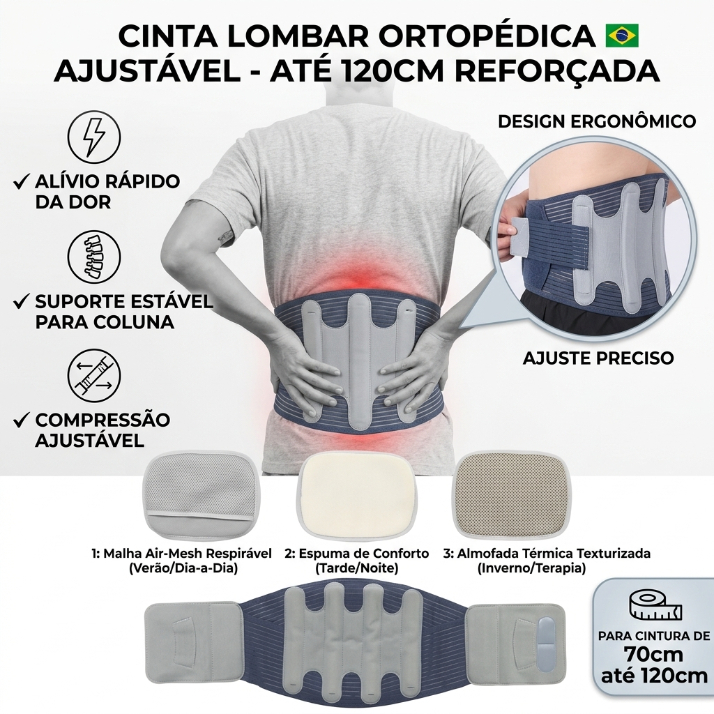 Cinta Lombar Ortopédica Ajustável 120cm Reforçada – Suporte para Coluna e Alívio de Dor nas Costas