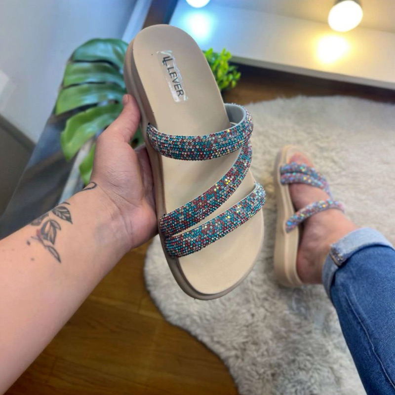 Sandália Papete Feminina Macia  rasteirinha Gliter Brilho Ultraconfort Chinelo Slide Rasteirinha Strass Confortável EVA