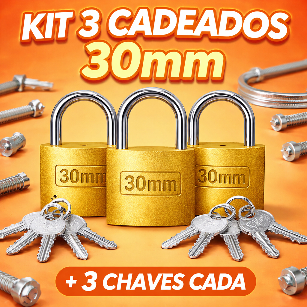 Kit 3 Cadeado 30mm +3 Chaves Cada Cadeado Reforçado com Tamanho 2,5cm / 3cm