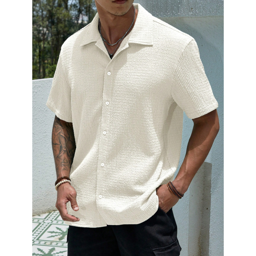 Camisa Casual Masculina de Manga Curta com Botões e Cor Sólida, Caimento Solto