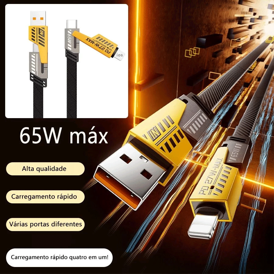 Cabo 4 em 1 Carregamento Turbo PD 65W Tipo C USB Nylon Trançado Multifuncional para Celular Tablet Notebook