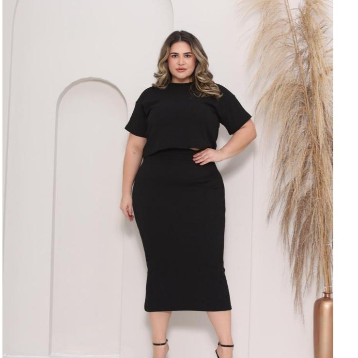 Conjunto Feminino Plus Size Saia Midi Cropped Manga Curta  M AO G2  (Duas Peças) Canelado Premium