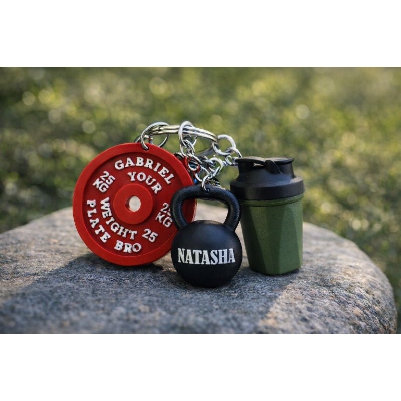 Kit Chaveiro Fitness Academia 3 em 1 Personalizado com Seu Nome – Coqueteleira + Kettlebell + Anilha | Atacado/Varejo