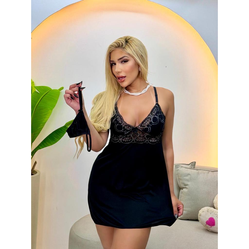 Linda camisola feminina vestido sensual sexy + calcinha fio dental  pijama com  renda baby doll luxo