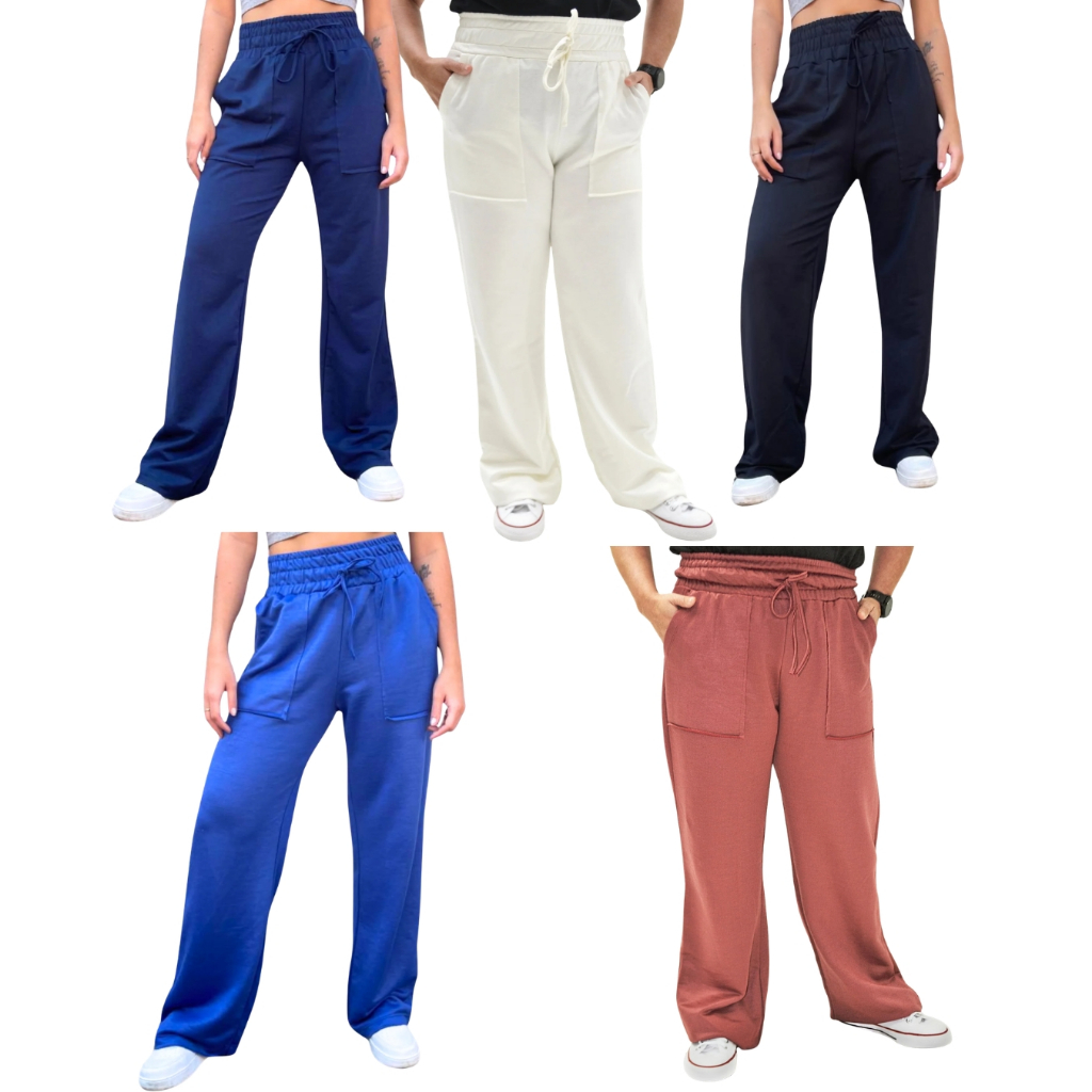 Kit 2 Calça Pantalona Moletinho Feminina Casual Soltinha