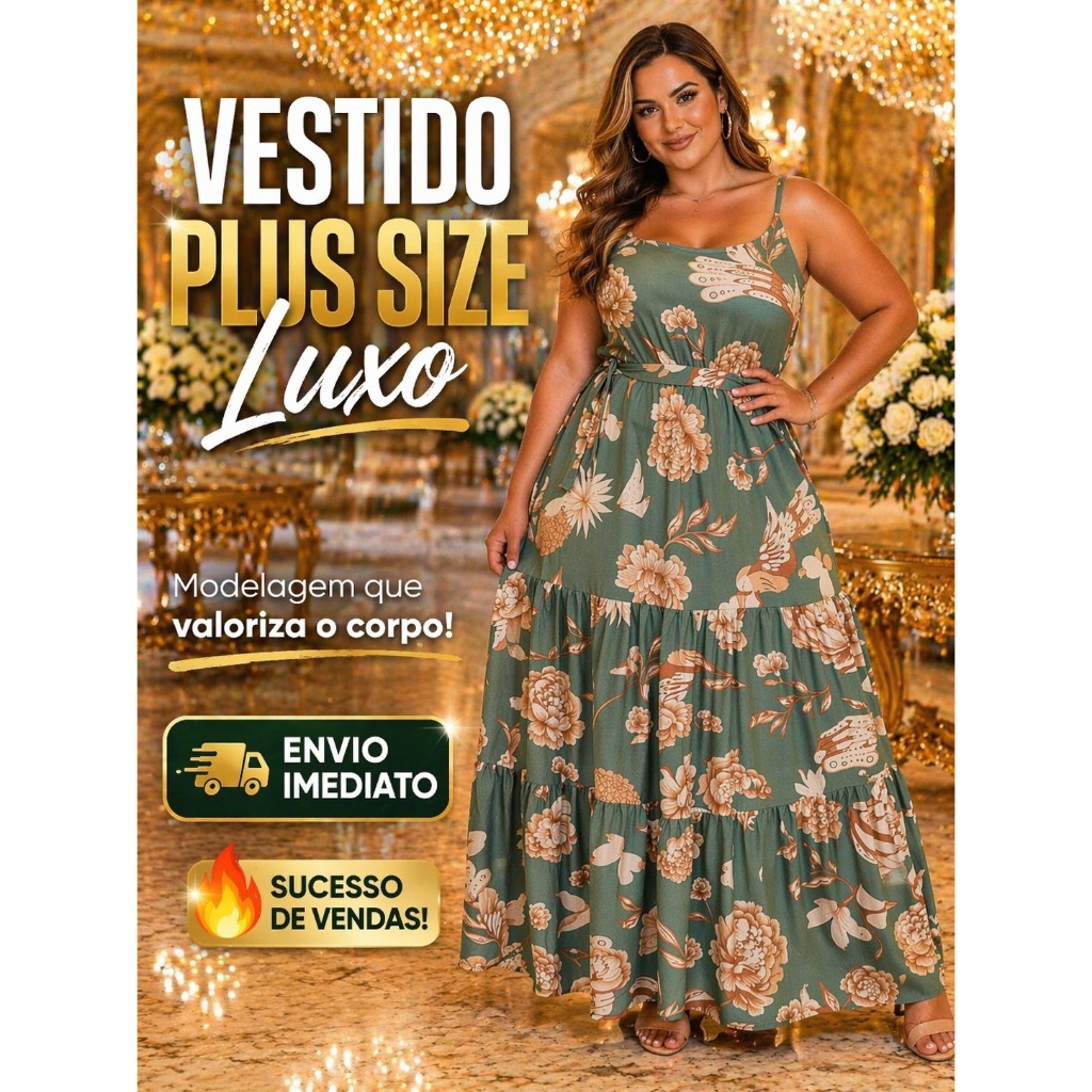 Vestido Plus Size Longo Floral Luxo Feminino Elegante Moda Verão Soltinho Confortável Não Marca Corpo Envio Imediato