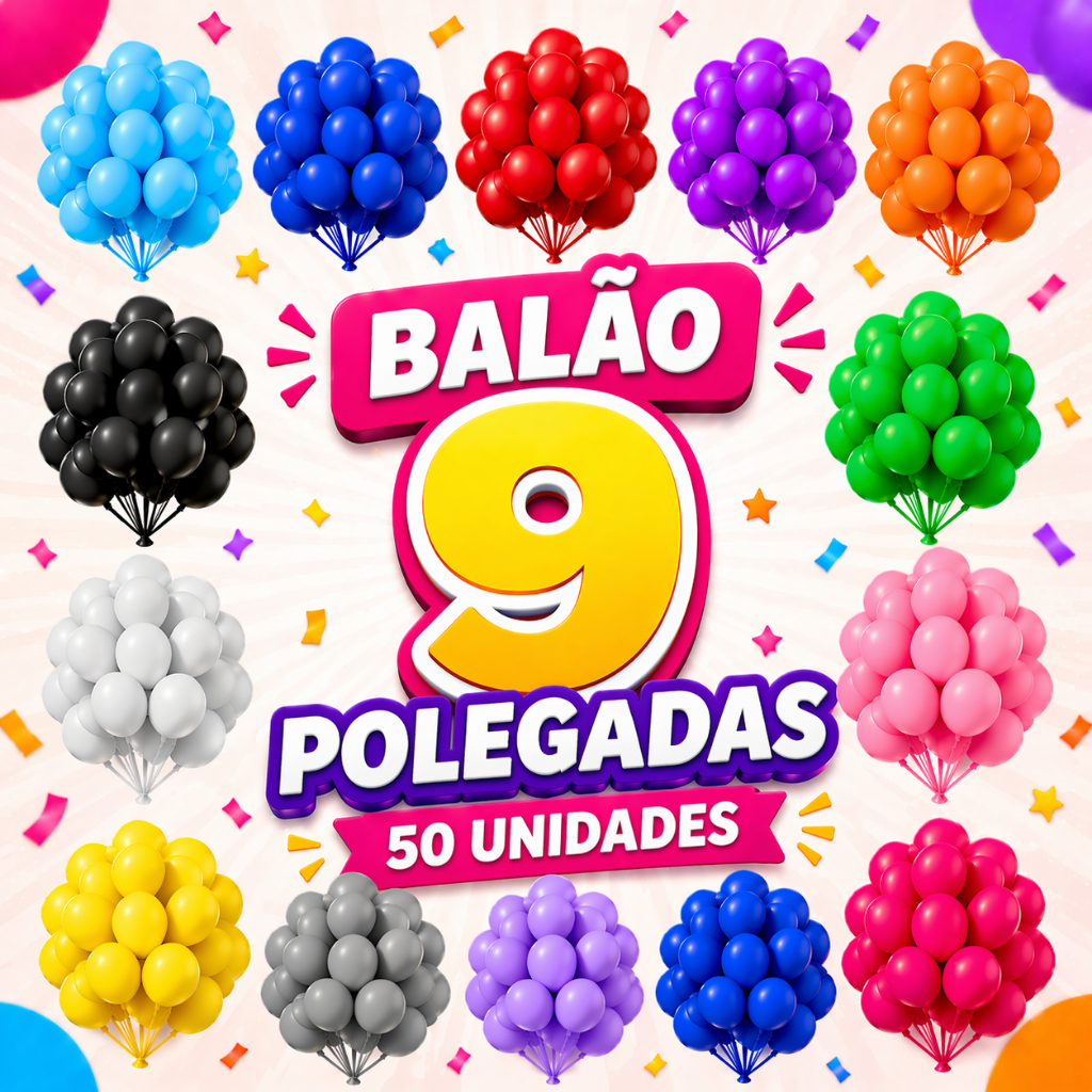 Bexiga Balão Liso Cores Decoração 9 Polegadas Pacote 50 Unidades