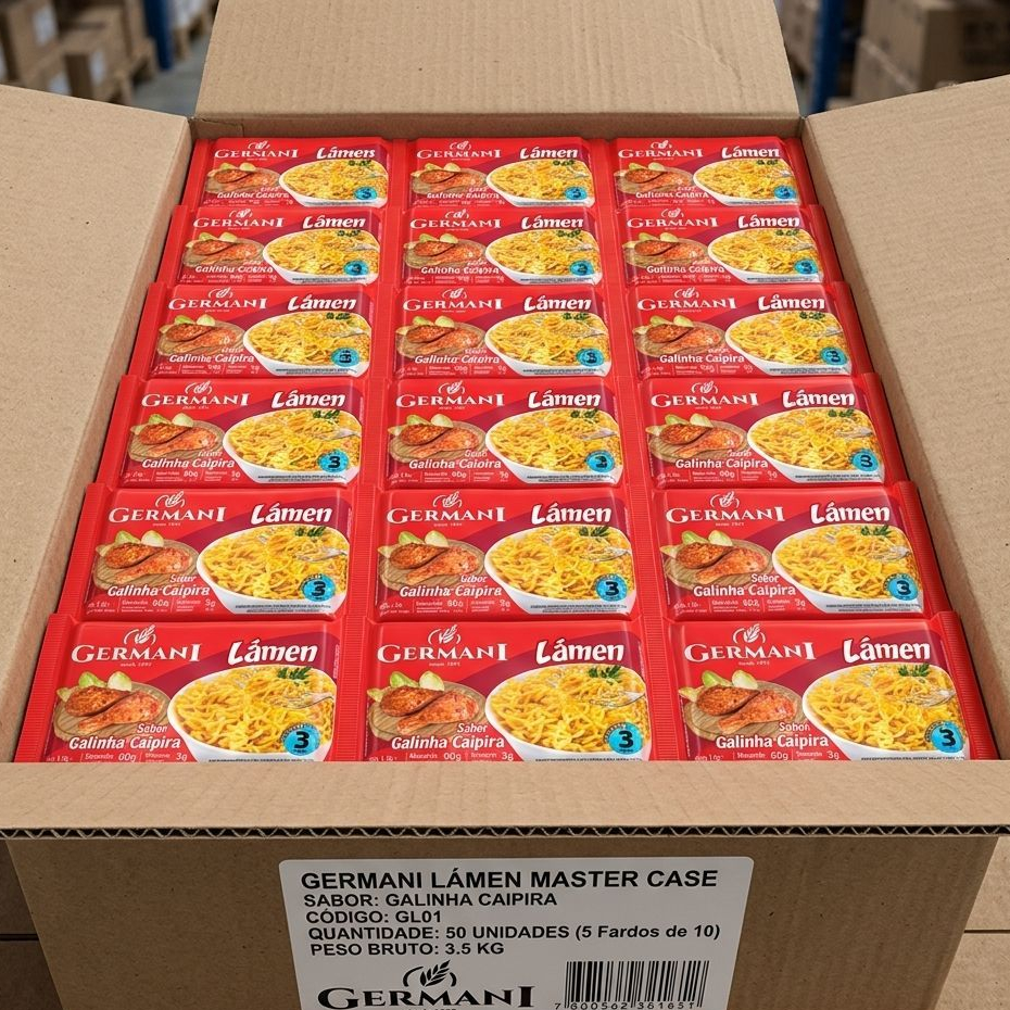 Kit 50 Unidades Miojo Galinha Caipira Macarrão Instantâneo Germani Nissin Lamen 63g