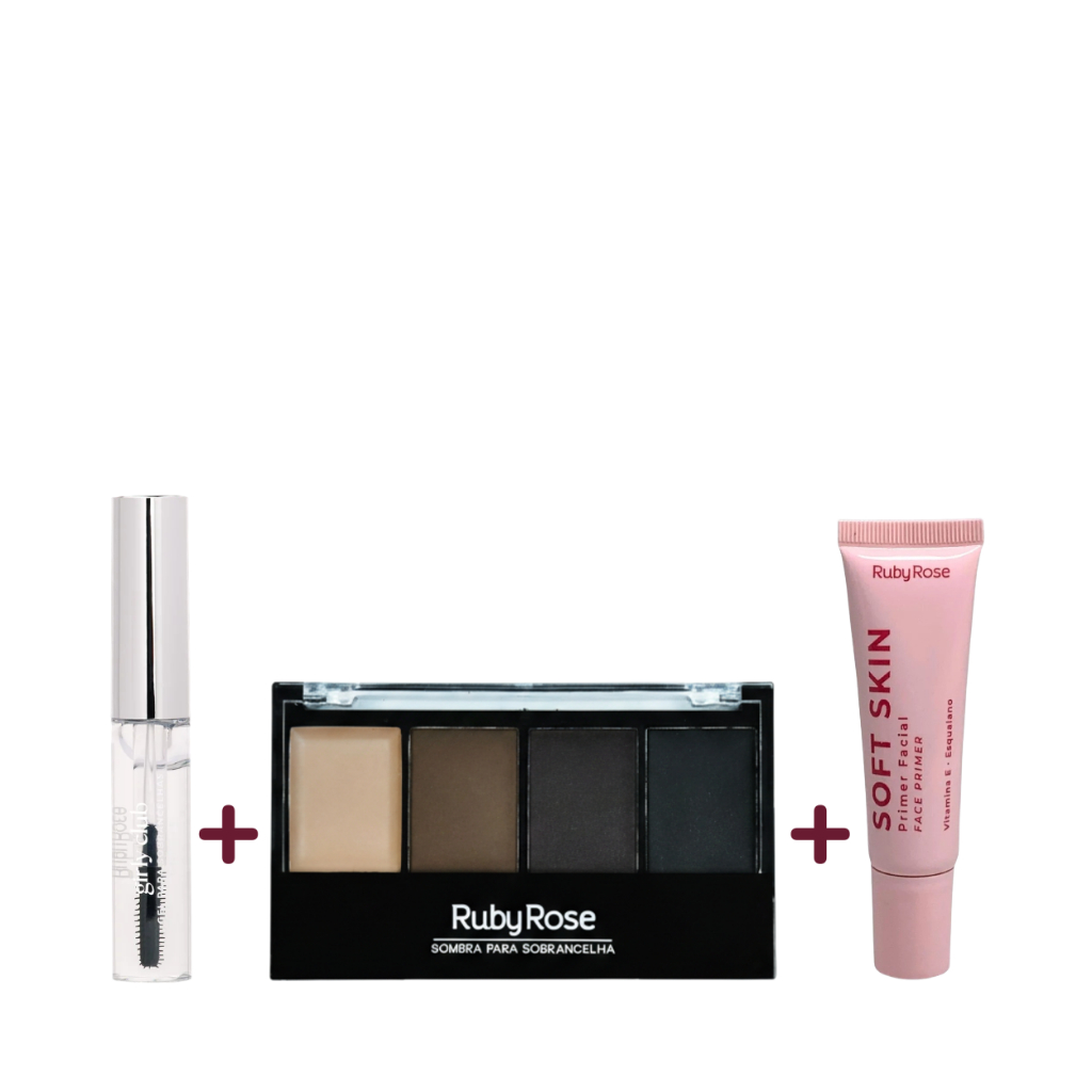 Gel Fixador de Sobrancelhas + Sombra de Sobrancelhas 4 em 1 + Primer Facial Kit Ruby Rose®