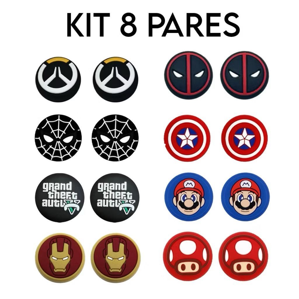 Kit 4 Pares 8 unidades de Grip Silicone Estampado Botão Ps3 Ps4 Ps5 Xbox 360 Xbox One Xbox Series S/X Wii Switch Pro