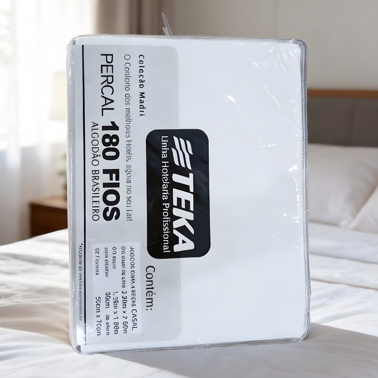 Jogo Jogo de Cama Casal Teka Madri 180 Fios Branco 4 Peças Algodão e Poliéster com Lençol com Elástico