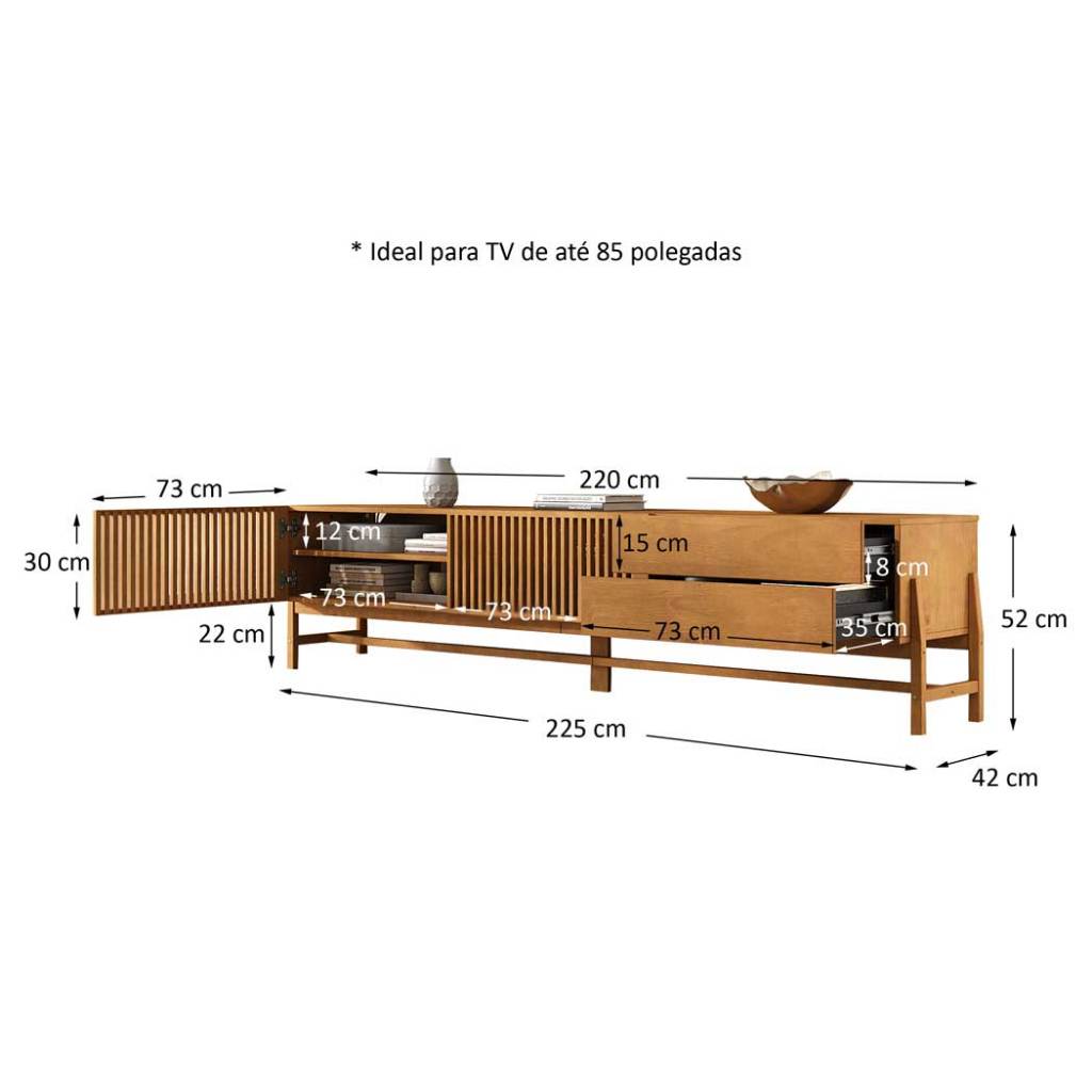 Rack Sala 220 cm TV até 85 Madeira Maciça 2 Portas Ripadas Freijó Adamo · foto 2