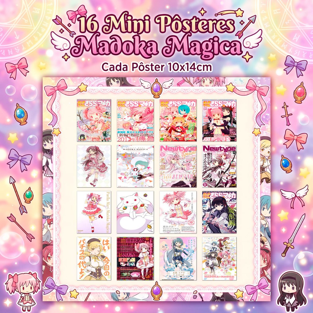 Kit 16 Mini Pôsteres Madoka Magica Adesivos 10x14cm Decoração Anime Mahou Shoujo Não Desbota