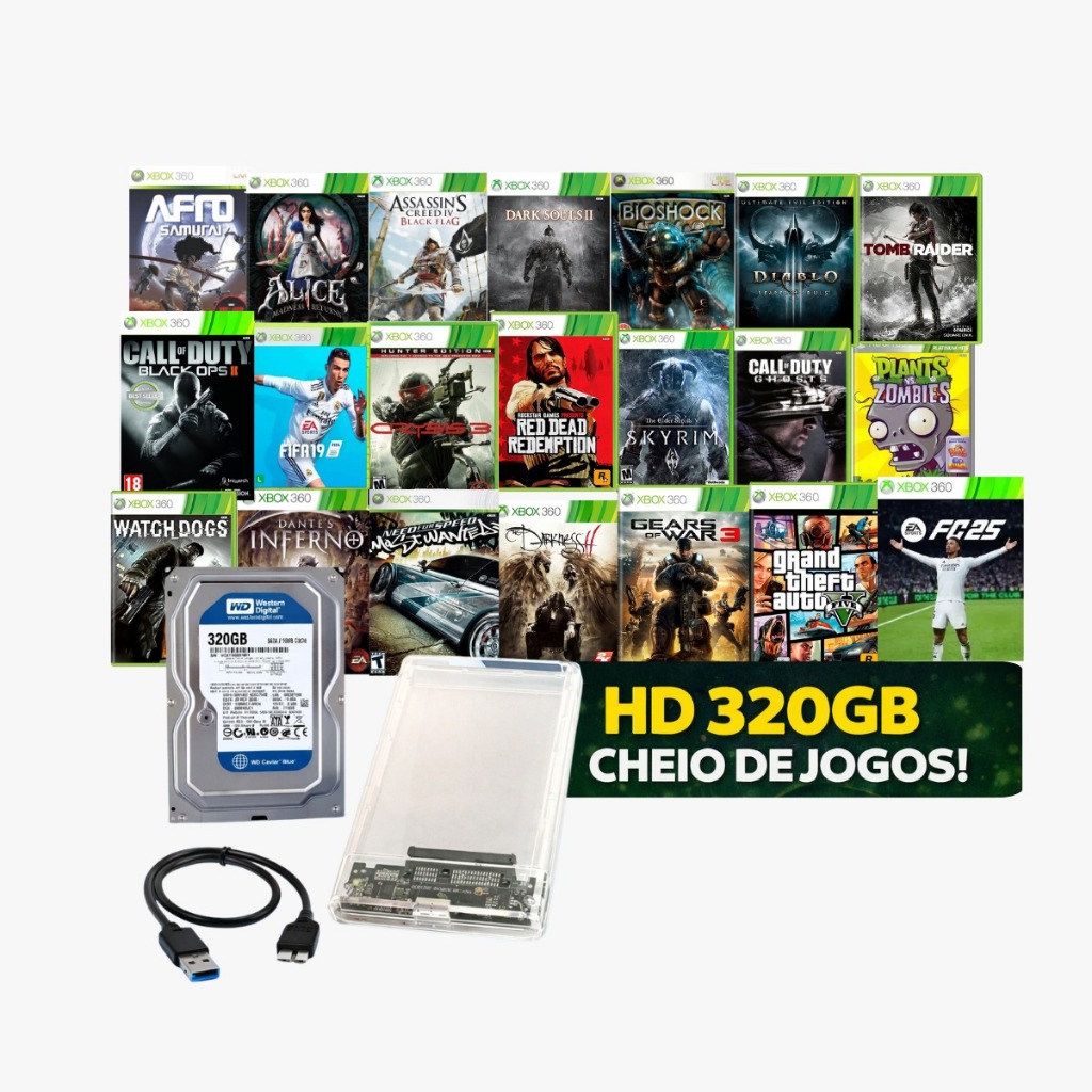 HD 320GB Pra Xbox 360 + 70 jogos roda em todos xbox 360