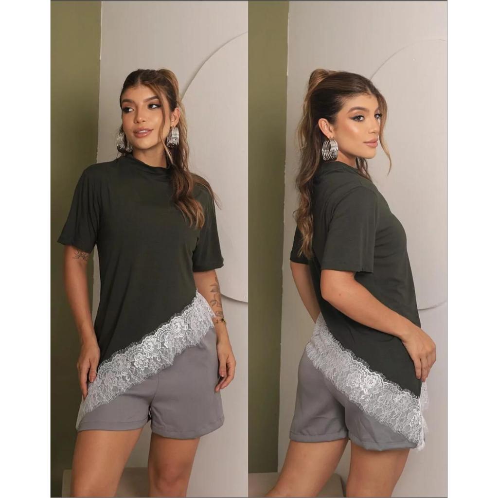 Blusa Feminina T-Shirt Tendencia Assimétrica Gola Redonda Detalhe em Renda Barra Elegante Versátil  Confortável Trabalho