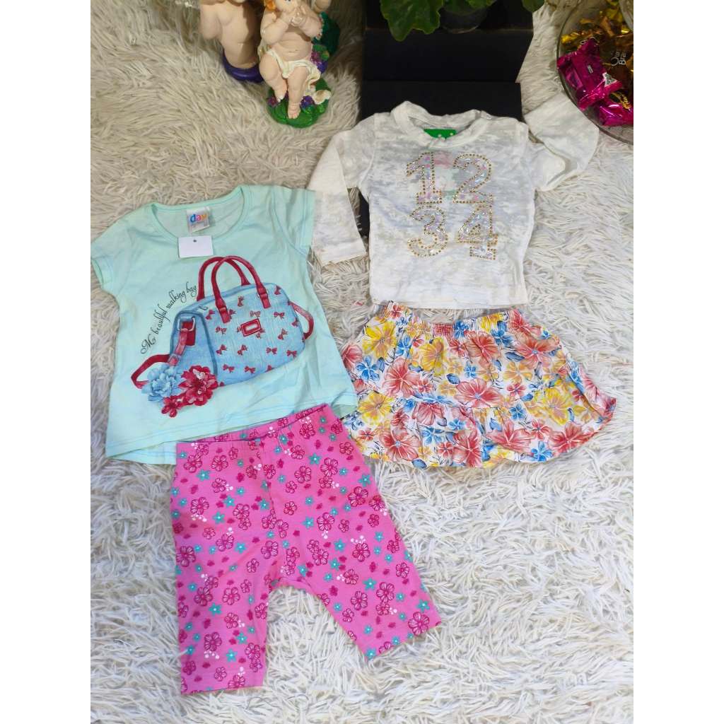 Kit (2) Dois Conjunto Bebê Feminino, (Blusa Mc/Blusa Ml + Capri Estampado/Saia Floral), Tam: M, Marca: Bethy.bethy