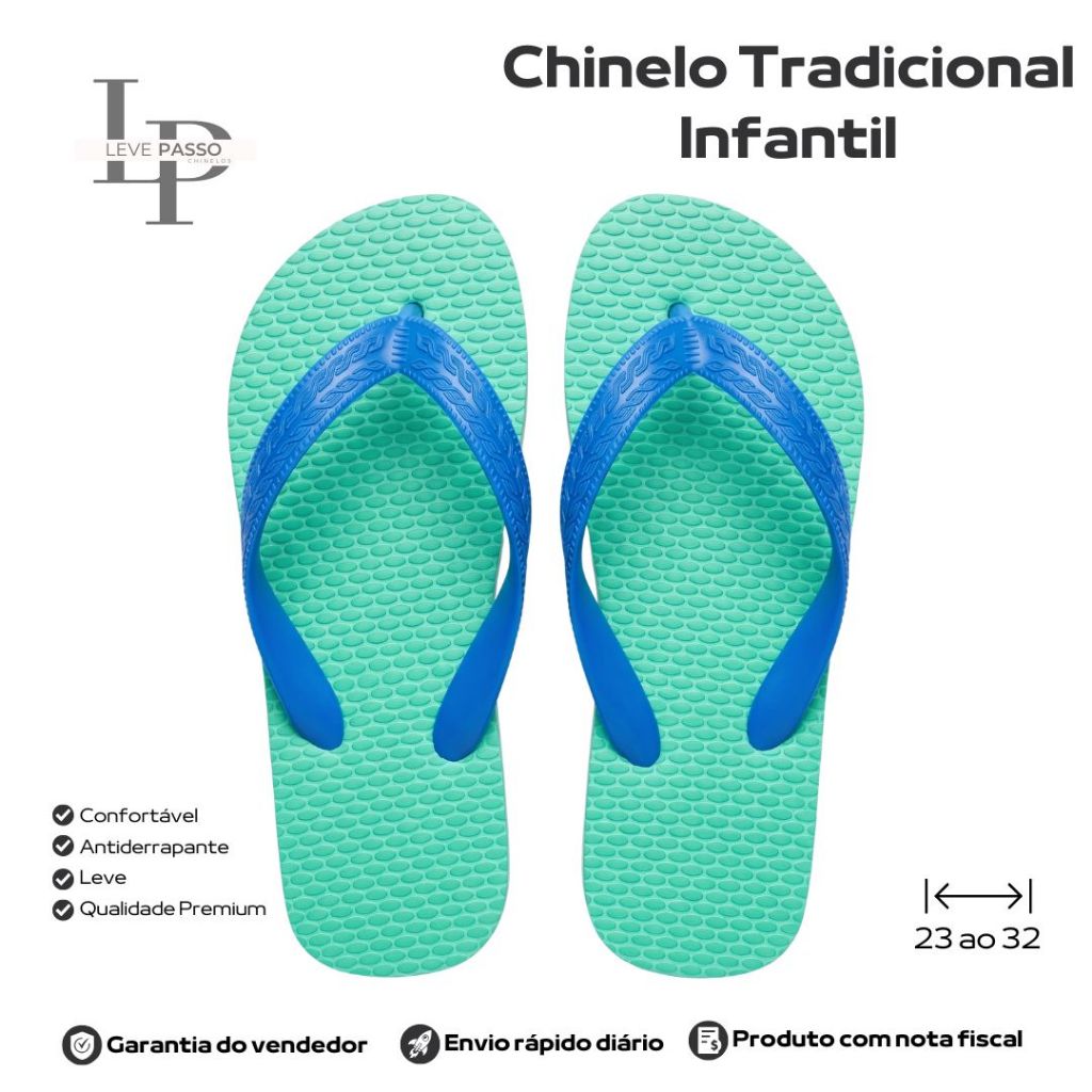Chinelo LevePasso Tradicional Verde Água c/ Azul Infantil Confortável Antiderrapante Numeração 23 ao 32 Casual Dia a Dia