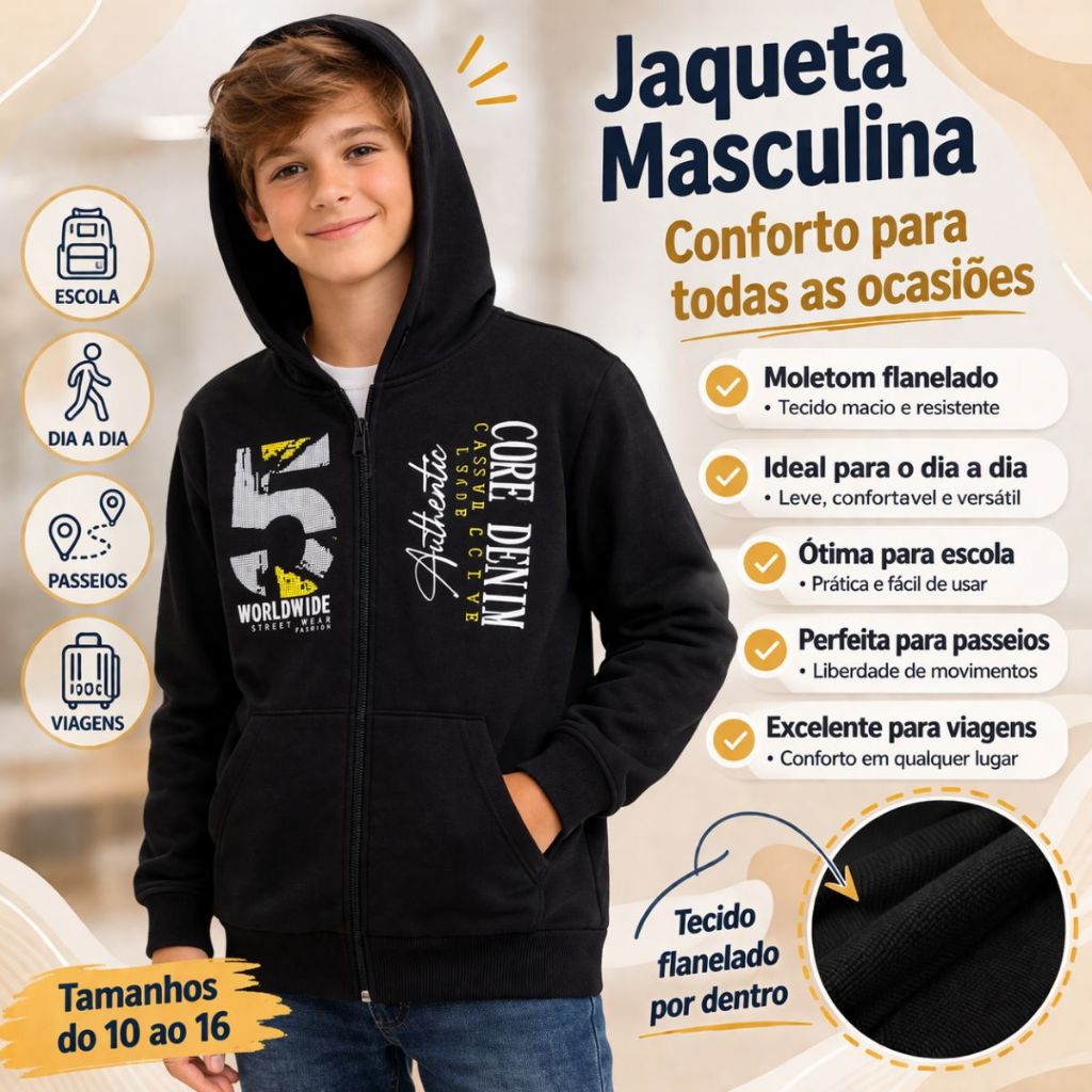 Jaqueta Moletom Peluciado com Bolso Capuz e Ziper 3078-A