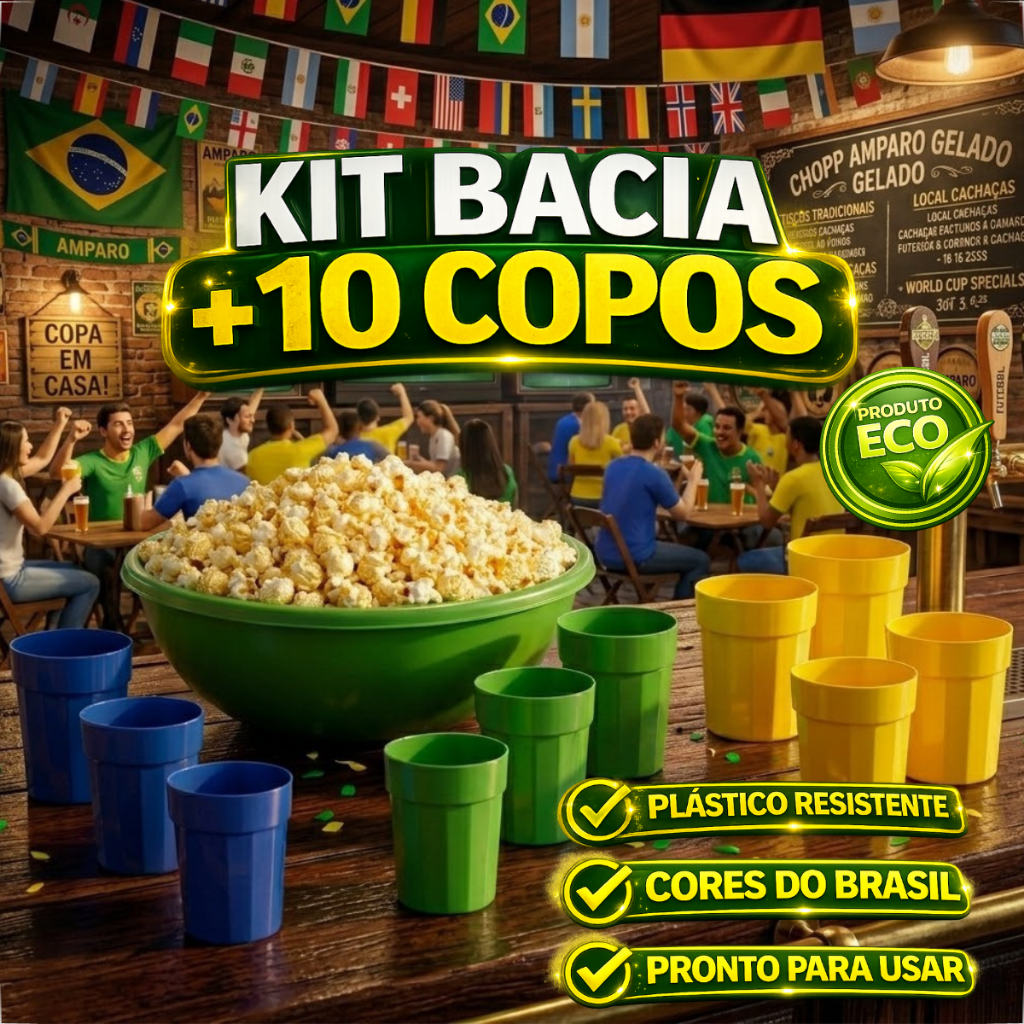 Kit Plástico Copa Do Mundo 10 Copos 350ml + Bacia Balde Pipoca Seleção Brasileira Combo Torcedor