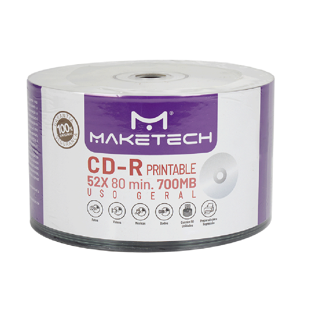MÍDIA CD-R MAKETECH PRINTABLE 52X 80MIN 700MB PINO C/50 UNIDADES