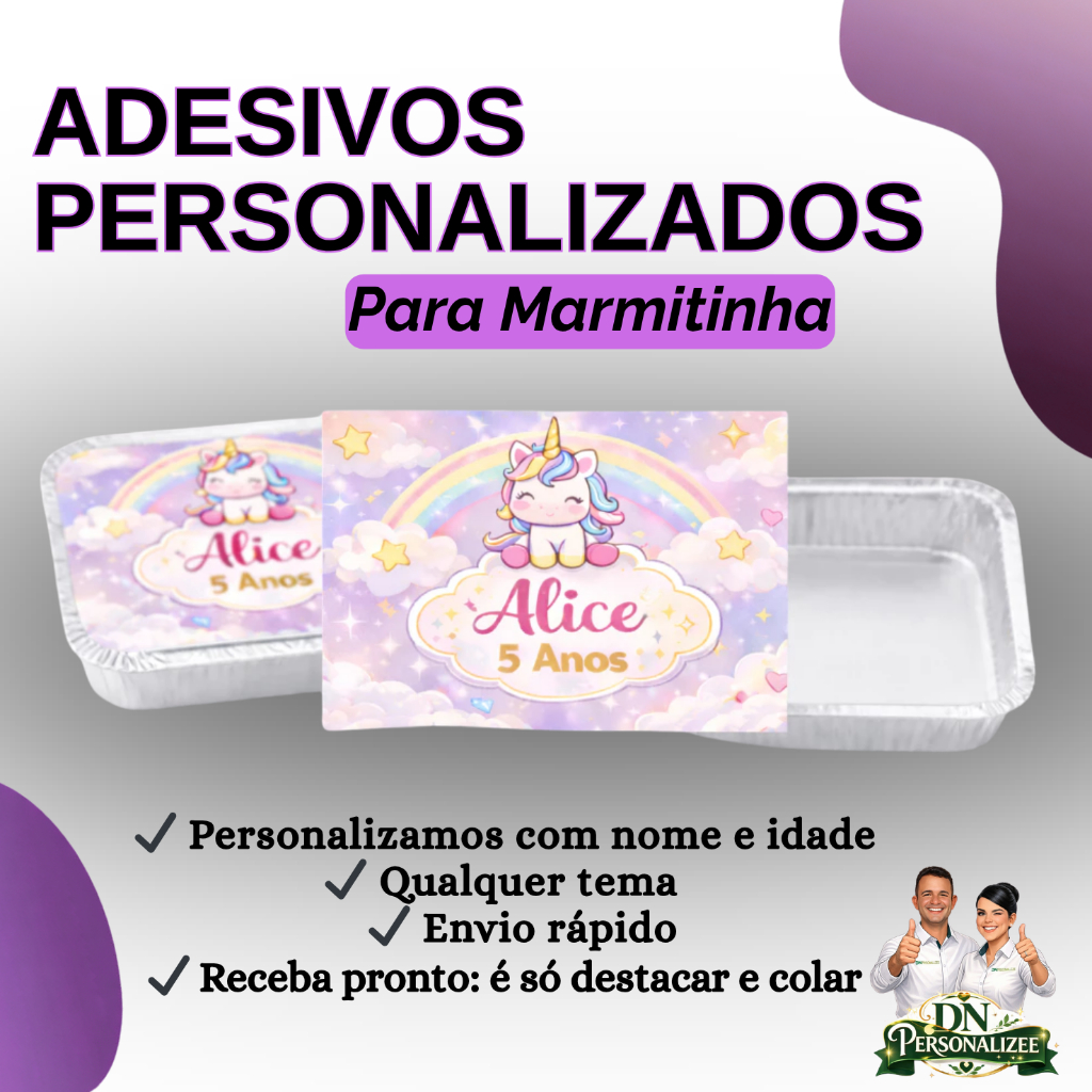 Adesivo Marmitinha Personalizado 12x9,5 Festa Infantil Qualquer Tema Nome e Idade Lembrancinha